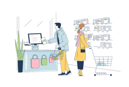 Man and a woman shopping in supermarket and making a payment at self-service checkout counter. Modern technologies, innovations, digital transactions concept. Line art style vector illustrationのイラスト素材