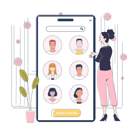 Mobile app for finding the doctor and making an appointment. Woman next to giant smartphone with male and female physicians in medical uniform. Medical mobile application. Vector illustrationのイラスト素材