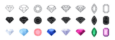 Set of different gemstones icons. Linear, black and white and color symbols of jewelry precious stones, diamond, rubies and luxury crystal. Outline flat vector collectionのイラスト素材