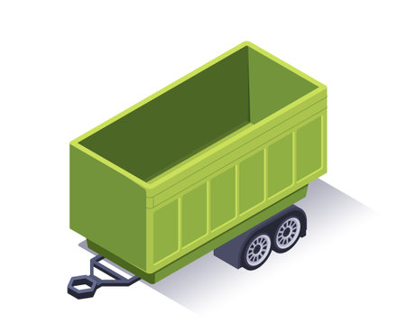 Farm machinery isometric icon. Empty trailer or container for farm truck or tipper. Agricultural machinery for industrial cargo delivery. 3D vector illustrationのイラスト素材