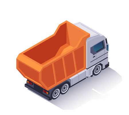 Isometric truck icon. Rear view of dump truck with empty container or semi trailer. Vehicle for delivering goods in construction industry. Cartoon 3D vector illustrationのイラスト素材