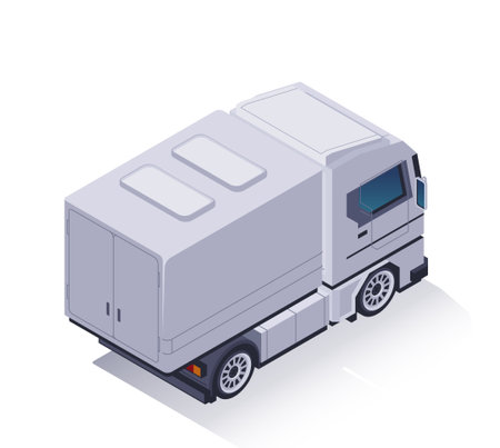 Isometric truck icon. Rear view of transport with container for logistics and cargo delivery. Commercial Vehicle Mockup for Global Trade. Cartoon 3D vector illustrationのイラスト素材