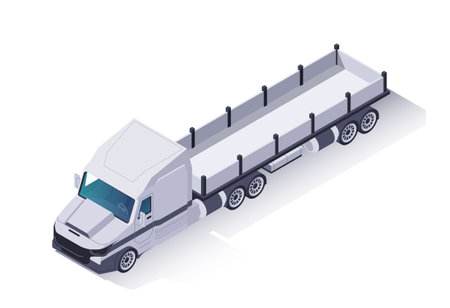 Isometric truck icon. Commercial car with trailer for logistics, cargo delivery and shipping. Vehicle for global trade and distribution. 3D vector illustrationのイラスト素材