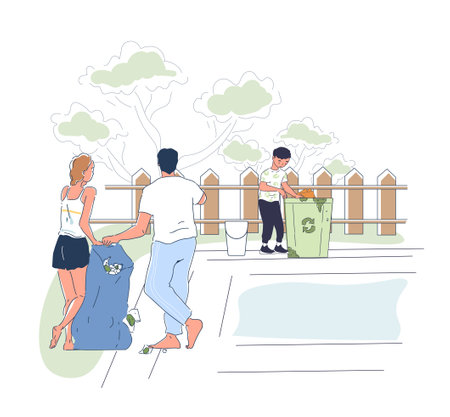 Family cleaning at backyard. Man and woman with bag with garbage and trash. Cleanliness and hygiene, household chores and routine. Care about ecology and environment. Linear vector illustrationのイラスト素材