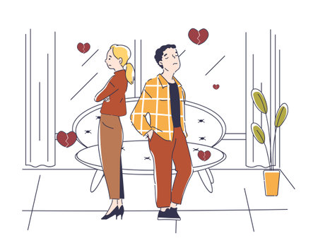 A man and a woman in a quarrel. Couple with negative feelings and emotions. Boyfriend and girlfriend break up or get divorced. Frustration and depression. Flat vector illustrationのイラスト素材