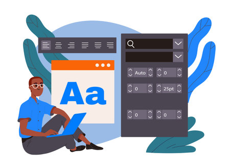 A man choosing a font. Graphic designer or freelancer developing website template or application. Create UI and UX elements for program. Flat vector illustration isolated on whiteのイラスト素材