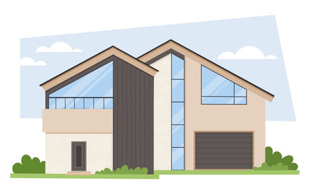 Modern house concept. Townhouse or cottage. Exterior and facade of trendy building. Urban architecture. Private property and real estate. Flat vector illustration isolated on whiteのイラスト素材
