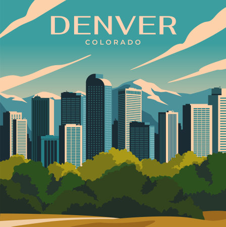 Poster with landscape of Denver, Colorado. Modern cityscape of USA city with skyscrapers of business center, mountains and natural parks. Travel destinations. Cartoon vector illustrationのイラスト素材