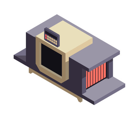 Isometric industrial machinery. Icon with automated conveyor belt and scanner for production quality control. Modern technology for factory. 3D vector illustrationのイラスト素材
