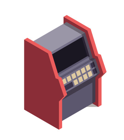 Isometric industrial machinery. Icon with engineering control panel to control production process in factory. Modern computer for manufacturing. 3D vector illustrationのイラスト素材