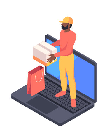 Online shopping. Isometric icon with courier on laptop screen holding parcel and package with order. Delivery service, logistics and ecommerce. 3D vector illustrationのイラスト素材