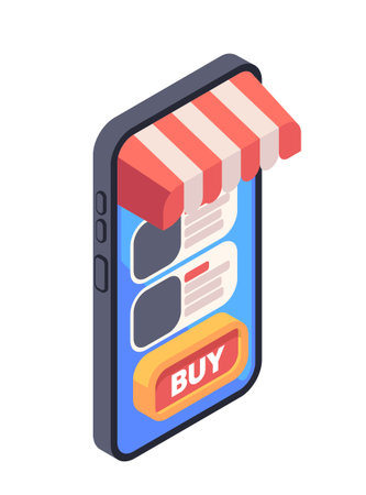 Online shopping. Isometric icon with online store or marketplace and buy button on smartphone screen. Ordering goods and delivery. Ecommerce on Internet. 3D vector illustrationのイラスト素材