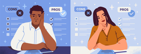 Brainstorming and decision making. Pensive man and woman sitting, thinking and making list of pros and cons. Benefits and threats analysis to make right choice. Flat vector illustrationのイラスト素材