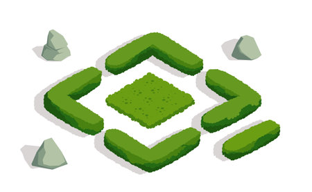 Isometric green bush. Icon with trimmed garden plant with leaves and branches. Organic element of park landscape. Cartoon 3D vector illustrationのイラスト素材