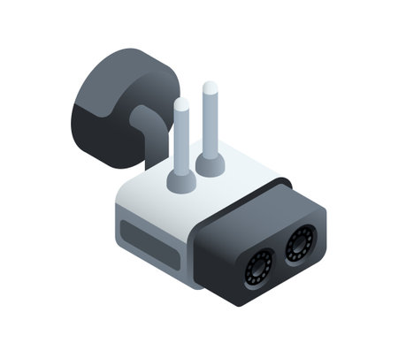 Isometric security camera. Modern video surveillance equipment. Icon with CCTV for safety and property protection. Outdoor area observation. 3D realistic vector illustrationのイラスト素材