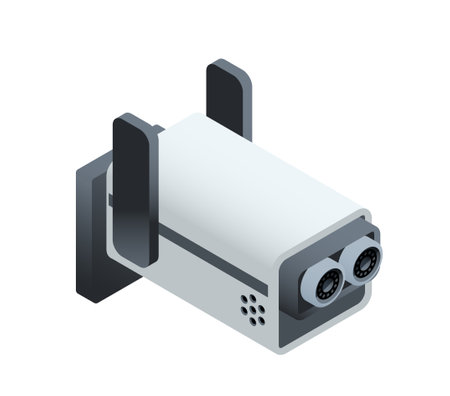 Isometric security camera. CCTV for monitoring and watching. Icon with video surveillance camera for outdoor area observation. 3D realistic vector illustrationのイラスト素材