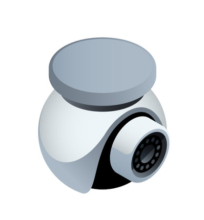 Isometric security camera. Modern CCTV with wide viewing angle for security and property protection. Surveillance camera for monitoring and observation. 3D realistic vector illustrationのイラスト素材