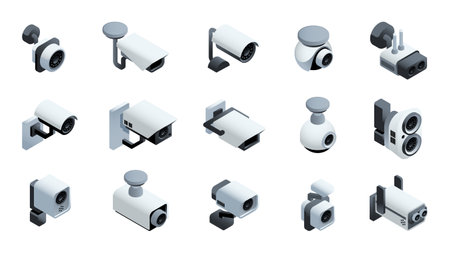 Set of isometric security cameras. Icons with different CCTV or surveillance cameras for property protection. Video monitoring and observation. 3D realistic vector illustrationsのイラスト素材