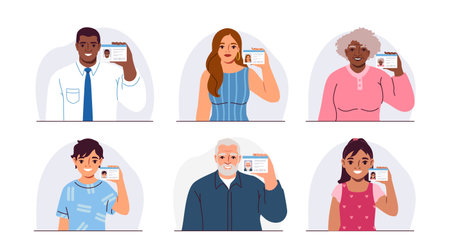 Set of people holding ID card. Happy men, women and children show document with personal data to...