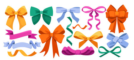 Set of cute ribbons and bows. Icons or symbols with charming decorative bowknot for gift packaging. Elegant accessories. Cartoon vector illustration collectionのイラスト素材