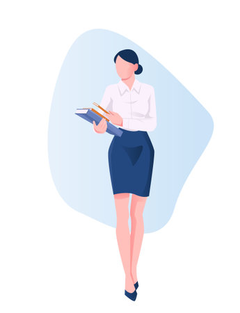 Business activity. Woman secretary or office worker holding folder with documents and making report. Successful entrepreneur or company employee. Flat vector illustrationのイラスト素材