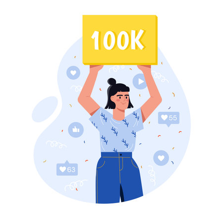 Blogger with 100k subscribers. Woman holding golden sign with one hundred thousand followers....