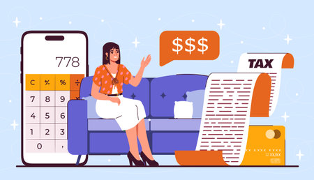 Family budgeting woman. Young girl sitting on sofa near smartphone with calculator. Financial literacy and cost reduction. Accounting and taxes. Flat vector illustrationのイラスト素材