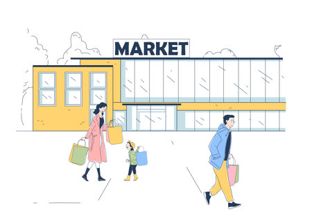Family shopping in market. Man and woman with packages and daughter near shopping center. Buyers, customers and clients with market. Linear vector illustrationのイラスト素材