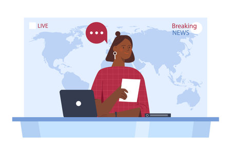 News reportage woman. Girl with laptop sitting in studio against backdrop of world map. Mass media workers, journalists, reporters and presenters. Television show. Flat vector illustrationのイラスト素材