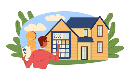 Payment for house. Man stands near real estate, calculator and gold coin. Financial literacy and passive income. Trader and investor. Flat vector illustrationのイラスト素材