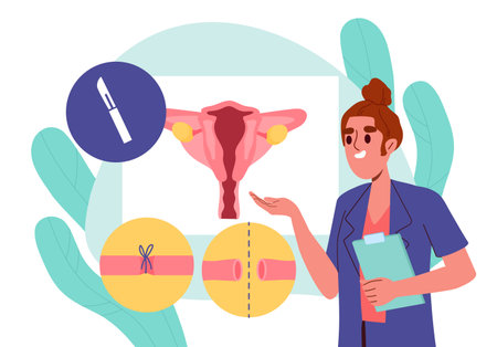 Umbilical cord cutting. Woman in medical uniform near umbilical cord. Anatomy and biology of childbirth. Female reproductive system. Flat vector illustrationのイラスト素材