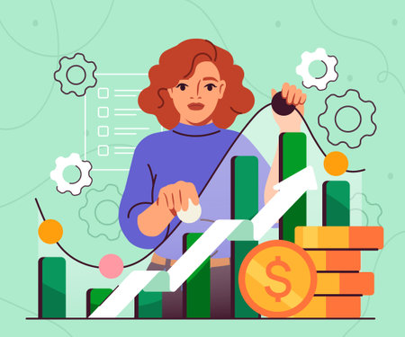 Growth money investment. Woman near chart and stack of gold coins. Successful trader and investor. Financial literacy and passive income. Infographics and data visualization. Flat vector illustrationのイラスト素材