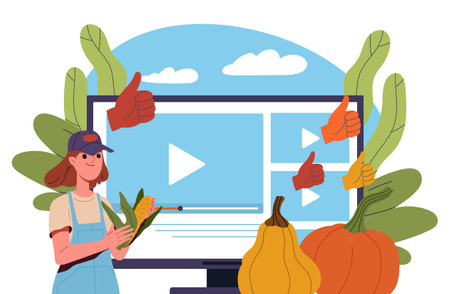 Online video about vegetables. Woman with pumpkins creates interesting content for social networks and video hosting. Natural and organic products, vegetables. Cartoon vector illustrationのイラスト素材