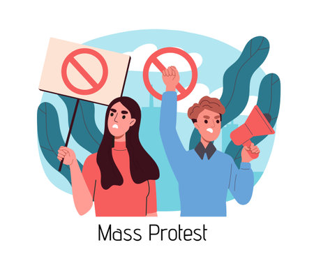 Violation of law. Man and woman with placards and loudspeaker. Prohobited mass protest or rally. Revolution and riot. Poster or banner. Cartoon vector illustrationのイラスト素材