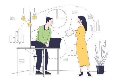 Business meeting concept. Man and woman in office stand next to graphs and diagrams. Teamwork and partnership. Brainstorming, idea and insight. Linear vector illustrationのイラスト素材