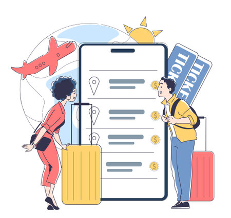 Choose place travel. Man and woman stand with luggage near ticket list. Tourists and travelers on vacation and holiday. Flght, travel and trip. Linear vector illustrationのイラスト素材