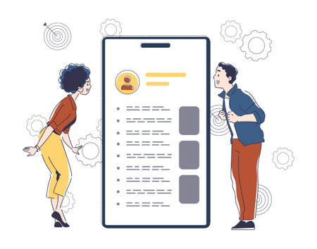 Competent resume concept. Man and woman analyze candidates for vacancy. HR managers with headhunting and recruitment. Personnel and staff. Linear vector illustrationのイラスト素材