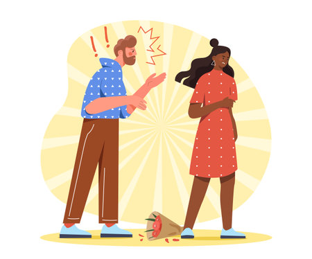 Couple with quarrel. Man and woman shouting at each other. Negative feelings and emotions. Toxic relationships. Young guy and girl unhappy with each other. Flat vector illustrationのイラスト素材