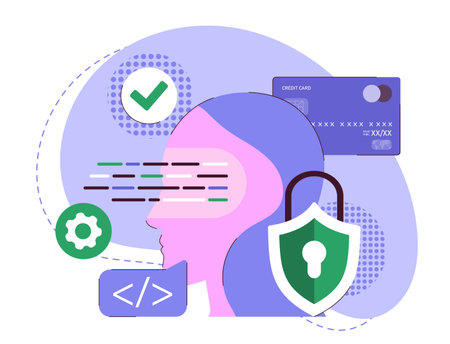 Using artificial intelligence. Virtual assistant for business. Modern technologies and innovations. Chat bot at smartphone. AI and machine learning. Personal data protection. Flat vector illustrationのイラスト素材