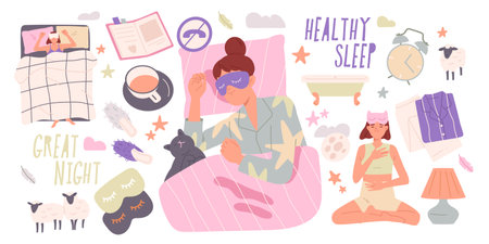 Healthy sleep at night. Woman in blindfold eye mask sleeping in comfortable soft bed. Tips for Deep sweet dream. Fighting insomnia, rest and relaxation. Flat vector illustrationのイラスト素材