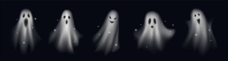 Set of Realistic Halloween ghosts. Scary silhouettes of translucent phantoms and monsters flying in air. Foggy figures with spooky faces. Horror holiday. 3D vector illustration collectionのイラスト素材