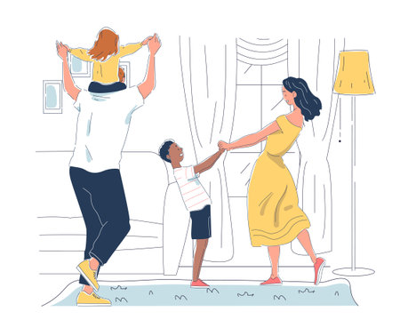 Parents with kids at home. Man and woman spend time together with boy and girl indoors. Mother with son and father with daughter in room. Linear vector illustrationのイラスト素材