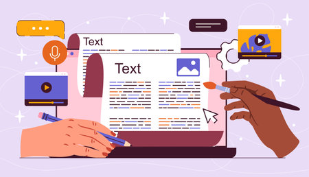 Team of copywriters. Hands with brush and pencil near website page. Editors create articles and interesting content for webpage. Creative bloggers or freelancers. Flat vector illustrationのイラスト素材