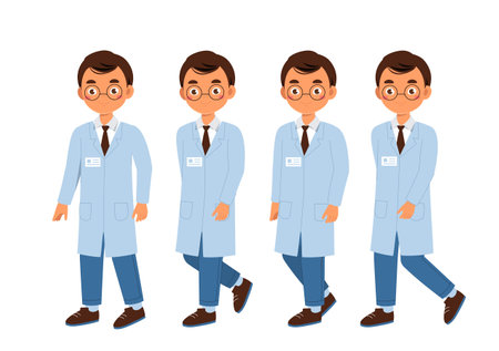 Male doctor set. Adult in medical uniform. Pack of characters in different viewing angles. Design elements for creating animations. Flat vector collectionのイラスト素材