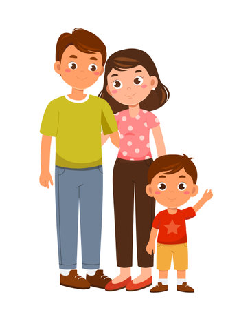 Caucasian family concept. Man and woman with girl wave hand. Happy parents with kid. Father and mother with daughter. Cheerful people. Flat vector illustrationのイラスト素材