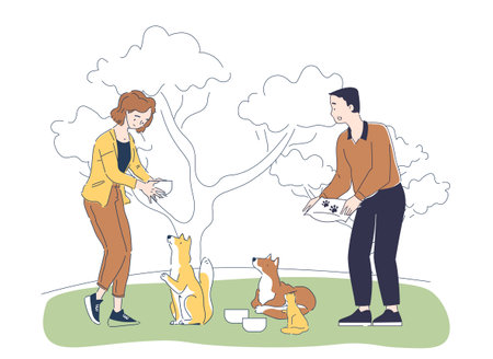 People give food for animals. Man and woman feed homeless puppies. Activists and volunteers take care of domestic animals. Charity and generosity, kindness. Linear vector illustrationのイラスト素材