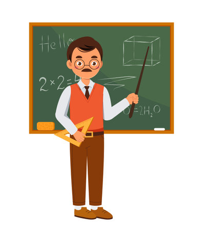 Male teacher concept. Man with pointer stands near chalkboard with formulas. Lecture at university or lesson at school. Education and learning. Flat vector illustrationのイラスト素材