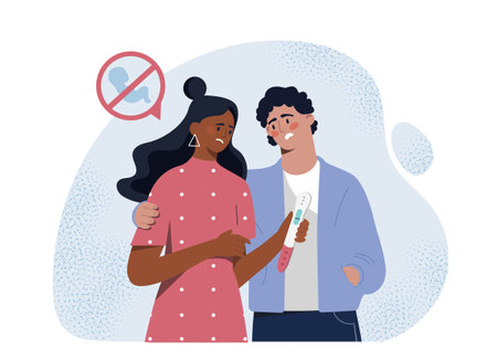 Negative pregnancy test. Man and woman suffer from infertility. Sad and distraught couple. Medical equipment. Obstacles to parenthood. Flat vector illustrationのイラスト素材