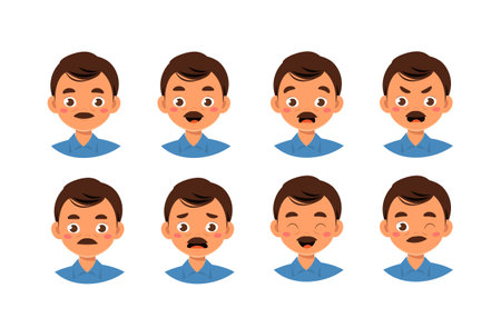 Police officer heads set. Man with moustache in uniform. Pack of characters with various feelings. Design elements for creating animations. Sheriff and officer. Flat vector collectionのイラスト素材