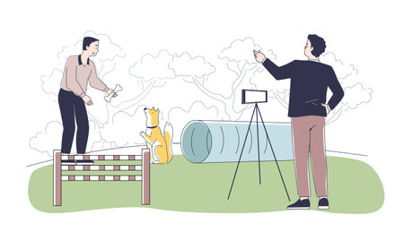 Recording dog owner. Man with camera films his pets training. Puppy goes through obstacles. Tournament and competitions for dogs. Linear vector illustrationのイラスト素材